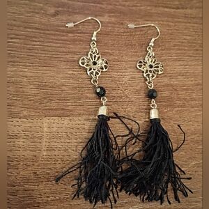 Boho Black Tassel Filigree Drop Earrings Gold Tone Statement Jewelry dangly long